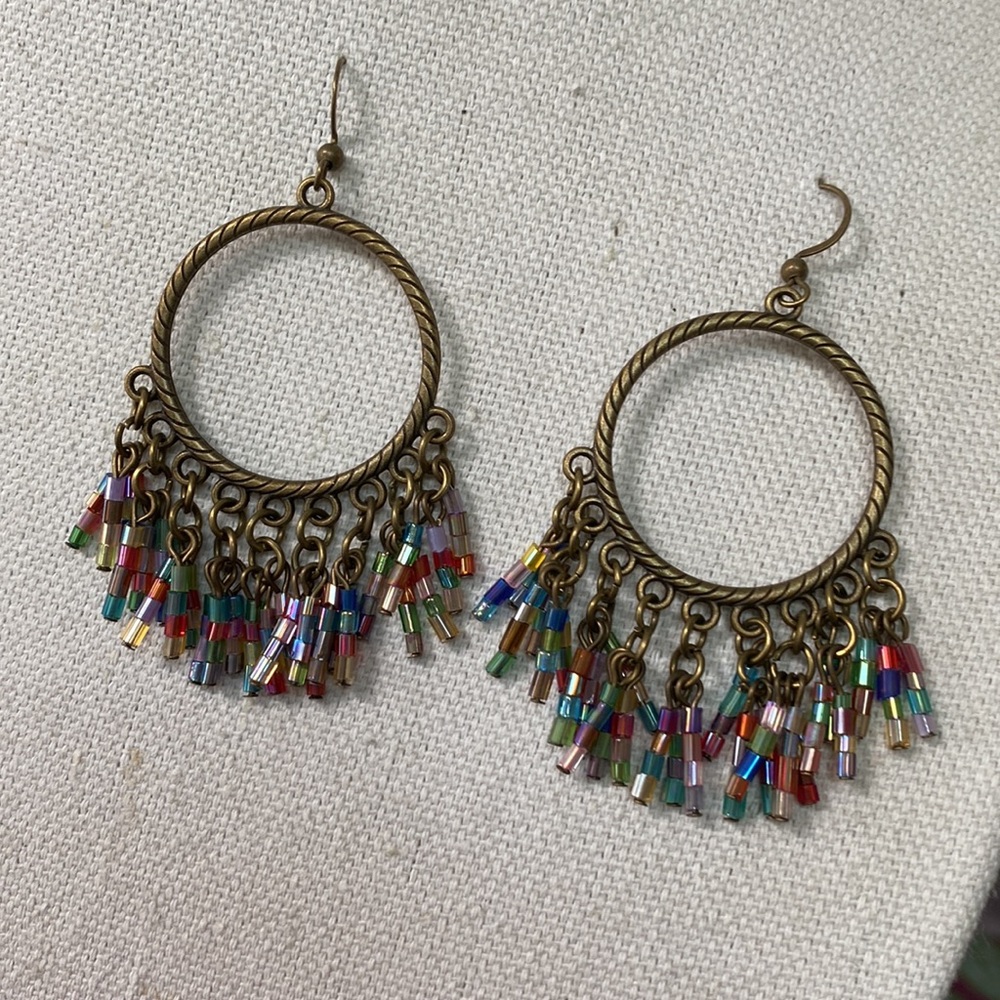 Boho style open hoop multi colored bead earrings